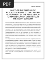 Whether The Surplus of Rs.1,76,000 Crores To The Central Government by The Rbi Is A Boon To Indian Economy or It Affects The Indian Economy