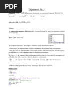 Experiment No. 1: Objective: Write A MATLAB Program To Generate An Exponential Sequence X (N) (A)