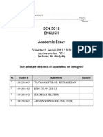 DEN 5018 English Academic Essay: Trimester 1, Session 2019 / 2020 Lecture Section: FCI 4 Lecturer: Ms Mindy NG