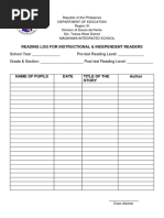 Reading Log For Instructional & Independent Readers