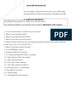 About Me Worksheet #1: Answer Questions Using Complete Sentences