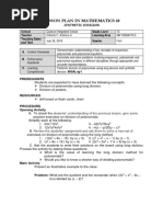 Lesson Plan in Mathematics 10: School Grade Level Teacher Learning Area Teaching Dates and Time Quarter