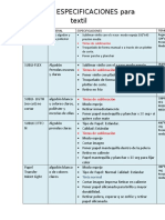 Tabla de Especificaciones para Sublimar