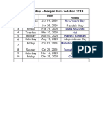 List of Holidays - Nexgen Infra Solution 2019: SI - No Day Date Holiday