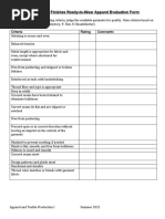 Seam and Seam Finishes Ready-To-Wear Apparel Evaluation Form Handout