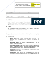 Procedimiento de Limpieza de Desinfección de Materias Primas, Material de Envase y Empaque