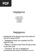 Negligence: 1. Duty of Care 2. Breach of Duty 3. Causation 4. Damage 5. Defences