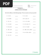 Name: - Date: - Grade & Section: - Score: - Worksheet No. - Subtraction of Integers