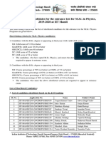 List of Shortlisted Candidates For The Entrance Test For M.Sc. in Physics, 2019-2020 at IIT Mandi