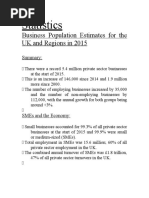 Statistics: Business Population Estimates For The UK and Regions in 2015