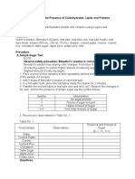 Activity No. 1: Test For The Presence of Carbohydrates, Lipids and Proteins Objective