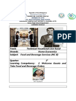 Track: Technical Vocational Live-Hood Strands Subject Quarter: 1 Learning Competency: 2. Welcome Guests and Take Food and Beverage Orders