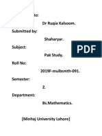 Submitted To: DR Ruqia Kalsoom. Submitted By: Shaharyar. Subject: Pak Study. Roll No: 2019f-Mulbsmth-091. Semester: 2. Department: Bs - Mathematics