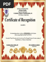 Certificate of Recognition: Division of Bohol St. Isidore Academy of Trinidad Bohol, Inc