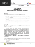 Reading and Writing: First Quarter Worksheet No. 2 Patterns of Paragraph Development: Description