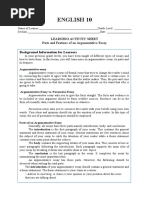 English 10: Learning Activity Sheet Parts and Features of An Argumentative Essay