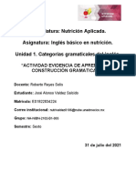 Licenciatura: Nutrición Aplicada. Asignatura: Inglés Básico en Nutrición. Unidad 1. Categorías Gramaticales Del Inglés