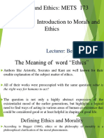 Morals and Ethics: METS 173 Lecture 1&2: Introduction To Morals and Ethics