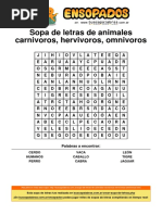 Sopa de Letras de Animales Carnivoros Hervivoros Omnivoros