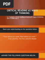 LC: Explains Critical Reading As Looking For Ways of Thinking. En11/12Rws-Iiiij-5