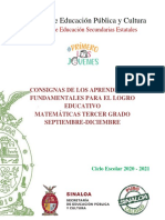 Cuadernillo Consignas Aprendizajes Fundamentales Matemáticas 3er. Grado Septiembre-Diciembre