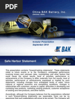 China BAK Battery, Inc.: Investor Presentation September 2010