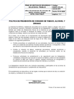 Politica de Prevención de Consumo de Tabaco, Alcohol y Drogas 2020