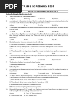 Iit/Aiims Screening Test: 22A Section-I - : Straight Objective Type (4, - 1) Physics + Chemistry + Mathematics