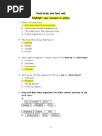 Food Chain and Food Web Highlight Your Answers in Yellow: Grass Rabbit Fox