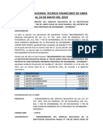 Informe Situacional Tecnico Financiero de Obra Al 20 de Mayo Del 2019