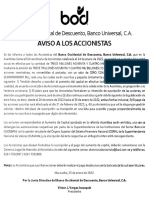 Resultado Asamblea Extraordinaria de Accionistas Banco Occidental Descuento Aumento de Capital