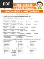 Ejercicios de Sinonimos y Antonimos para Quinto de Primaria