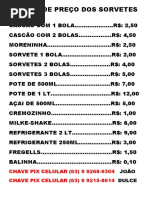 Tabela de Preço Dos Sorvetes