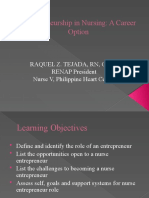 Entrepreneurship in Nursing: A Career Option: Raquel Z. Tejada, RN, Crns RENAP President Nurse V, Philippine Heart Center