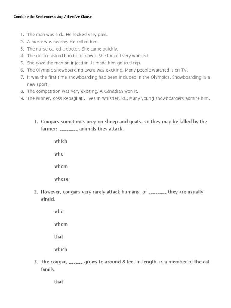 Combine The Sentences Using Adjective Clause | PDF | Cougar