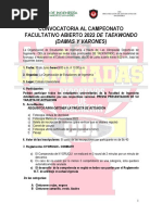 Convocatoria Al Campeonato Facultativo Abierto de Taekwondo (Damas y Varones)