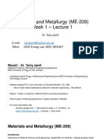 Materials and Metallurgy (ME-209) Week 1 - Lecture 1: Dr. Tariq Jamil