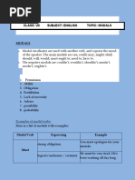 Class: Vii Subject: English Topic: Modals: Examples of Modal Verbs