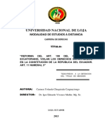 Reforma Del Art. 108 Del Código Civil Ecuatoriano, Violan Los Derechos Garantizados en La Constitución de La República Del Ecuador. Art. 11 Numeral 3