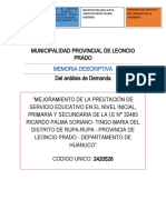 Memoria Descriptiva: Memoria Descriptiva Del Analisis de La Demanda Institucion Educativa 32483 Ricardo Palma Soriano