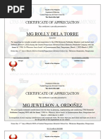 MG Rolly Dela Torre: Certificate of Appreciation