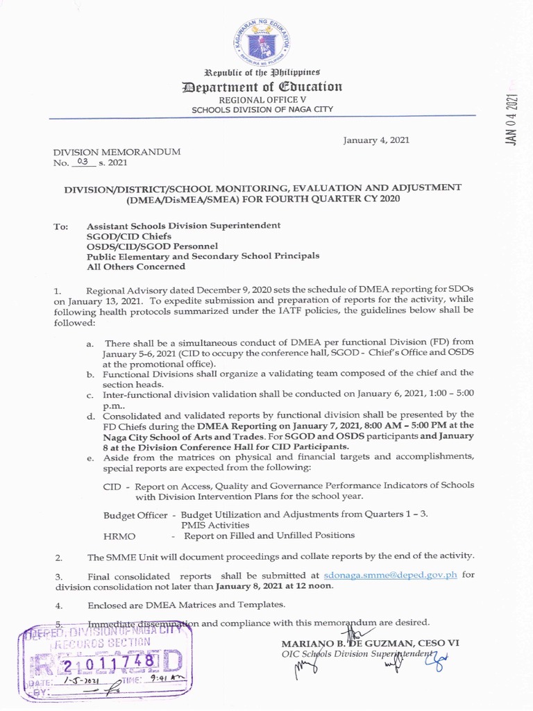 DM No. 03, S. 2021 Division, District, School Monitoring, Evaluation ...