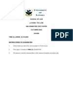 School of Law L314/360-TAX LAW Mid Semester Test Paper OCTOBER 2020 Hours Time Allowed: 24 Hours Instructions To Candidates