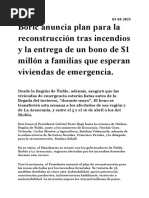 Boric Anuncia Plan para La Reconstrucción Tras Incendios y La Entrega de Un Bono de $1 Millón A Familias Que Esperan Viviendas de Emergencia