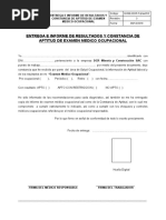 Entrega E Informe de Resultados Y Constancia de Aptitud de Examen Medico Ocupacional