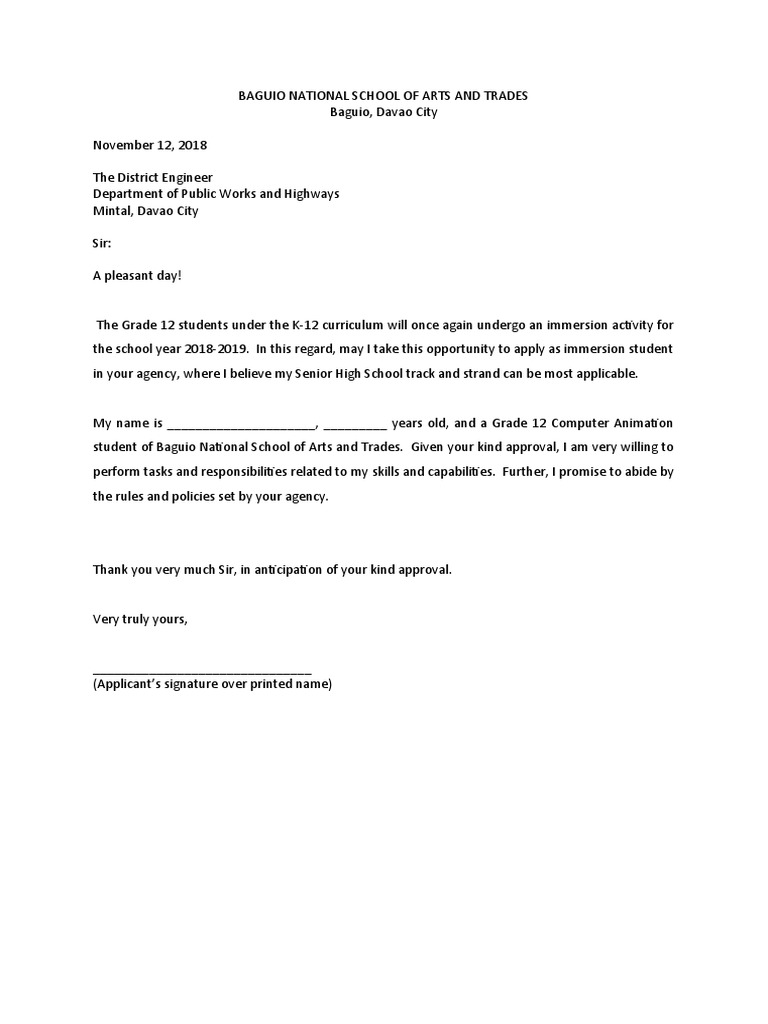 Application Letter For Immersion | PDF