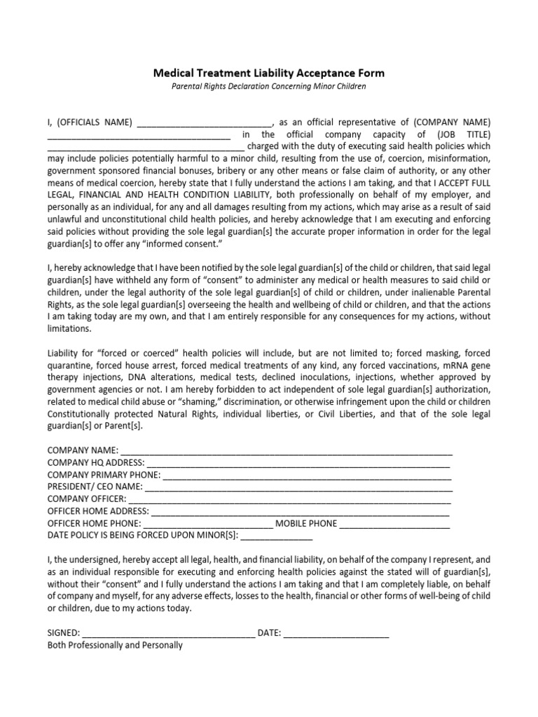 Medical Treatment Liability Acceptance Form | PDF