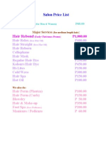 Salon Price List