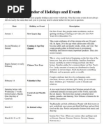 Calendar of Holidays and Events