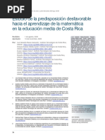 Estudio de La Predisposición Desfavorable Hacia El Aprendizaje de La Matemática en La Educación Media de Costa Rica